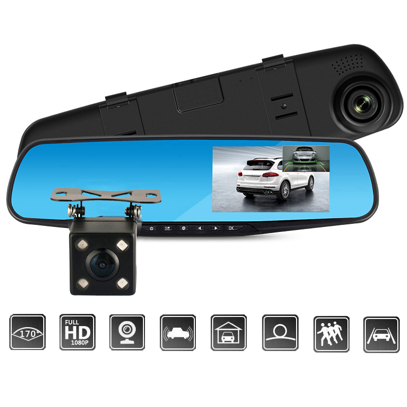 Caméscope Dvr de voiture Full HD 1080P Auto 4,3 pouces Rétroviseur Enregistreur vidéo numérique Vision nocturne Caméscopes d'enregistrement à double objectif