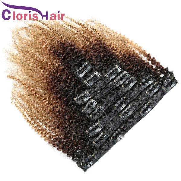 1b/4/27 clip afro rizado afro ombre en extensiones 100% cabello humano marrón miel rubia rubia clips virgen peruano en rizos naturales de tejido 8pcs 120 g/set