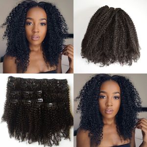 Full Head Kinky Curly Remy Clip in Human hair Extension Voor Zwarte Vrouwen Natuurlijk Zwart 7st 120g