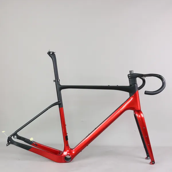 Cuadro de bicicleta de grava con freno de disco, Cable oculto completo GR044, diseño de pintura metálica roja y negra, fibra de carbono completa Toray T1000