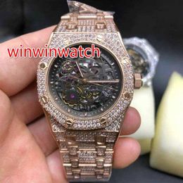 Reloj de hombre con hielo completo, caja de acero inoxidable, oro rosa y plata, reloj con parte trasera de cristal, reloj de pulsera con diamantes, cristal de zafiro Automa211V