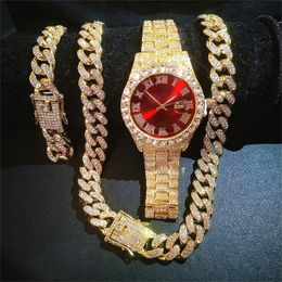 Full Iced Out Watch Mens Cuban Link Chain Bracelet Necklace Gargantilla Bling Jewelry para hombres Big Gold Chains Hip Hop Men Watch Set 220810