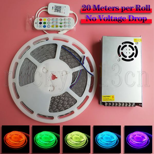 Kit completo 20M 24V 5050 RGB LED Tira de luz 1200LEDs Gabinete Cinta de techo Cambio de color Navidad + Fuente de alimentación + Música Control remoto Bluetooth
