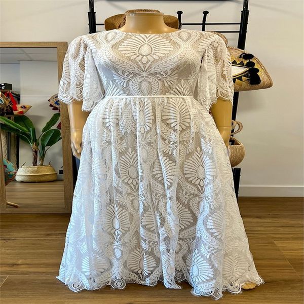 Pleine dentelle Plage Boho Robe De Mariée Pour La Mariée À Manches Courtes Dos Ouvert Civil Grec Rustique Pays Robe De Mariée Robe De Novia 2023 Hippie Élégant Bohème Robe De Mariée