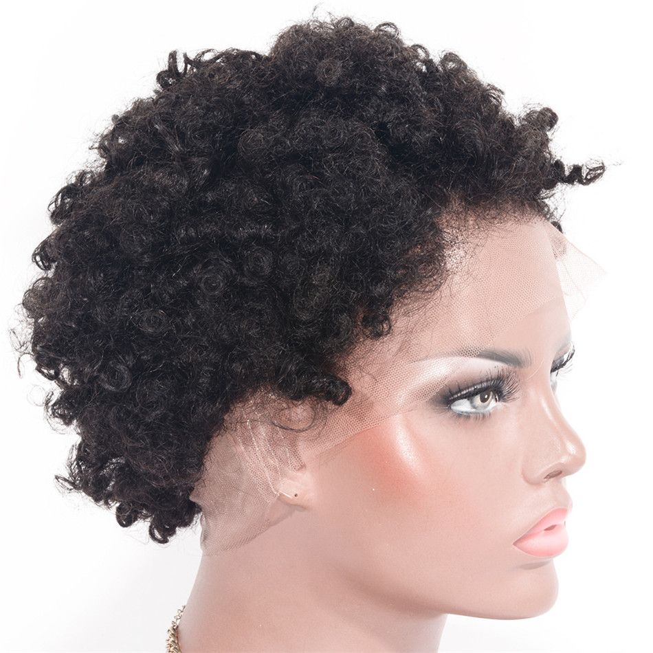 Spets främre människohår Peruker Förplockade Afro Kinky Curly Brazilian Short Remy Wig Blekta knutar för svarta kvinnor