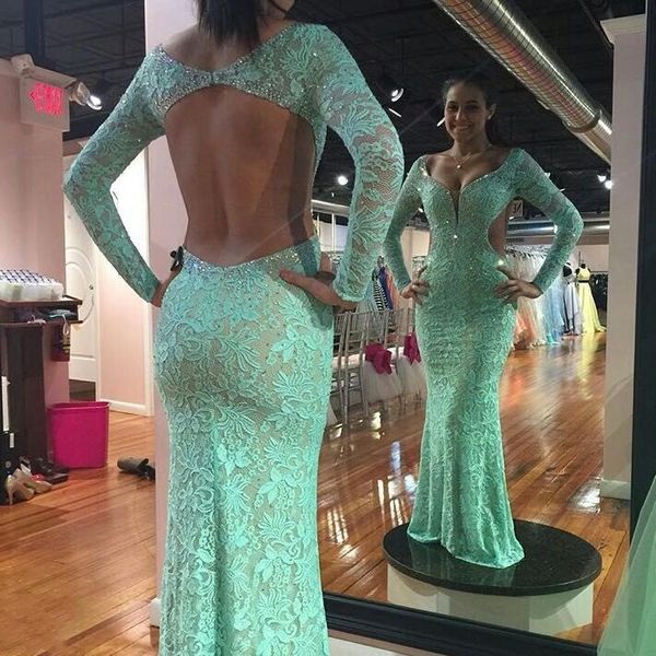 Vestido de fiesta de sirena con cuentas de encaje completo, manga larga, cristal, espalda abierta, cuello en V, fiesta verde menta, vestidos largos de noche para mujer