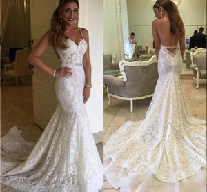 Robes De sirène en dentelle pleine bretelles Spaghetti balayage Train perles cristaux pays De mariage robe De mariée Vestido De Novia 401