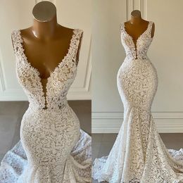 Vestido de novia de cordón de encaje completo para mujeres Elegantes V Cuelas de nupado con cuello Dubai Vestidos hechos a medida de novia