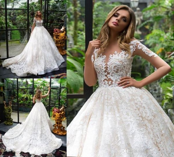 Robes de mariée en dentelle pleine pays modeste avec manches longues bijou col transparent Illusion corsage robe de mariée balayage Train2871689