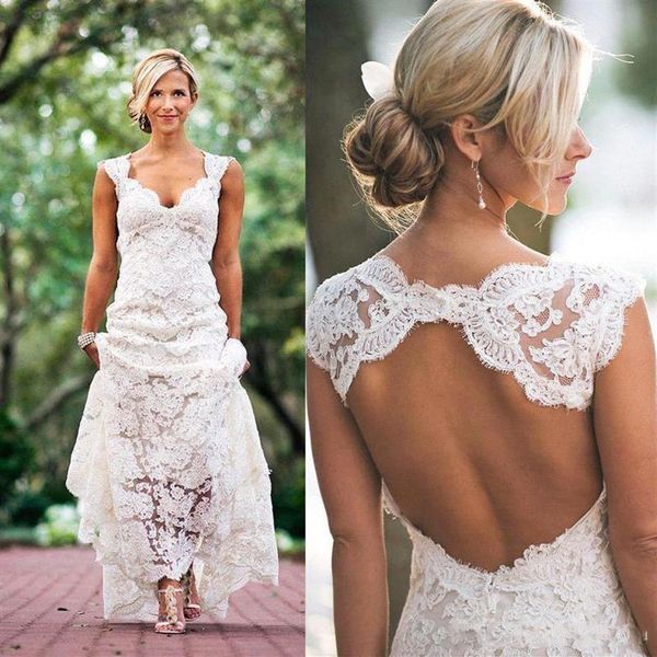 Vestidos de novia de encaje completo Espalda abierta Una línea Enchufe con cuello en V Mangas casquillo Vestidos de novia Tamaño personalizado Country Garden Wedding Gowns277l