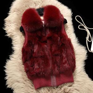 Manteau en cuir véritable d'herbe de lapin, gilet pour femme, débardeur à col en fourrure de renard Haining, grande taille, Camisole, hors saison 695727