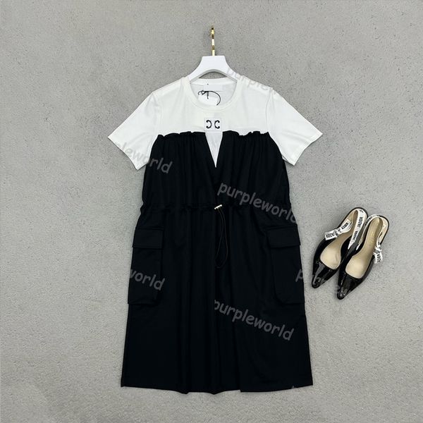Robe décontractée pour femmes Classique Noir Blanc Contraste Robe Mode Cordon Taille Élastique Été À Manches Courtes Vêtements