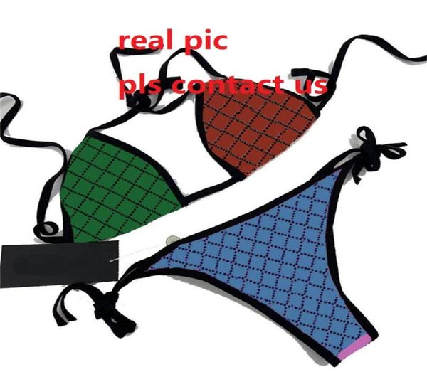 Bikini con letras completas, bragas con sujetador, traje de baño Sexy acolchado con realce para mujer, traje de baño de estilo vendaje dividido con cuello Halter, traje de baño 6770303