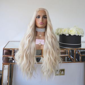 Full Machine Made Middle/Side Open U Part Wigs Human Hair Half Wig for White Women Black Woman Humans Hairs Upart Wigs Blonde Platinum Wavy 100% Unprocessed
