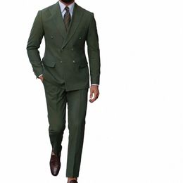 Costume complet pour hommes Blazers Faits sociaux pour hommes Armée Vert Double boutonnage Slim Fit Ternos Ensembles avec vestes Busin Style Costume j0vK #