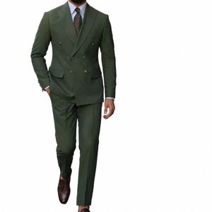 Volledige herenpak Blazers Sociale feiten voor mannen Legergroen Double Breasted Slim Fit Ternos-sets met jassen Busin-stijl kostuum j0vK#
