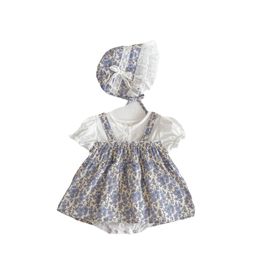 Volle maan babymeisje romper zomer prinses outfits korte pofmouwen bloemen romper tule jurk met strik hoofdband set 2625