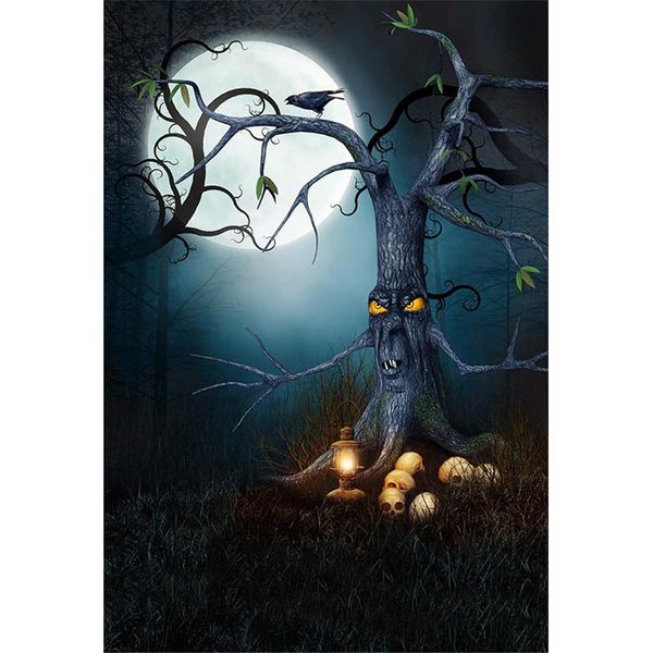Fondos de fotografía de noche de luna llena Bosque de Halloween Cráneos de árboles viejos Linterna vintage Cuento de hadas Niños Niños Fondo de cabina de estudio fotográfico