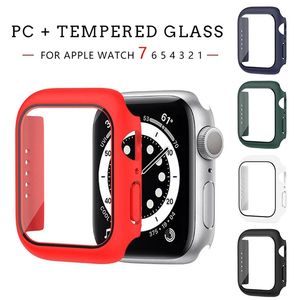 Estuches completos para PC + Protector de pantalla de parachoques de vidrio templado para Apple Watch S7 iWatch Serie 7 6543 Tamaño 41 mm 45 mm 38 40 42 44