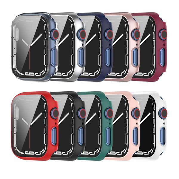 Estuches completos para PC + Películas de vidrio templado Protector de pantalla de parachoques para Apple Watch iWatch Serie 7 6543 Tamaño 41 mm 45 mm 38 40 42 44