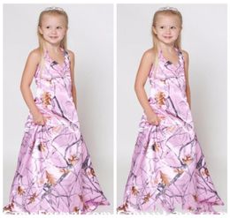 Full Pink Camo Long A Line Vestidos de niña de flores Personalizado 2020 Top Camuflaje barato Real Tree Camo Niños Niñas Vestidos de fiesta Country2980115