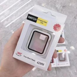 Estuches de cobertura completa con protector de pantalla de vidrio templado para Apple Watch 7 6 5 4 3 2 1 41 mm 45 mm 38 mm 40 mm 42 mm 44 mm Cubierta PC Parachoques rígido con caja al por menor