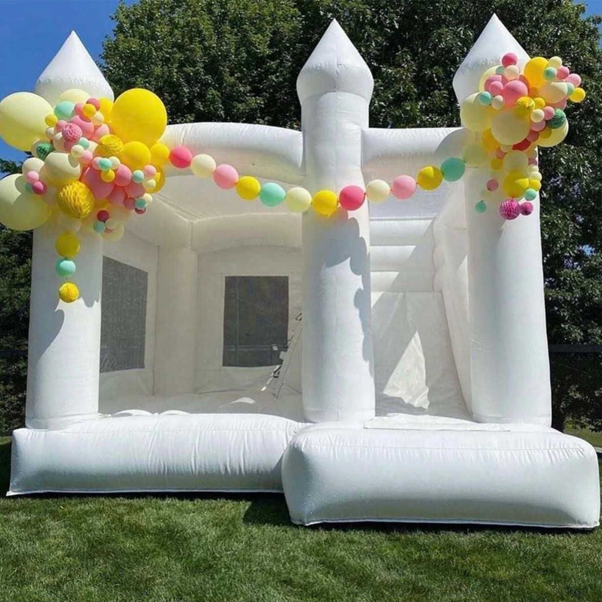 Puente de casa de rebote blanco de PVC completo, inflable para boda, inflable con tobogán, castillo hinchable, gorila de aire, salto combinado para niños, adultos incluidos