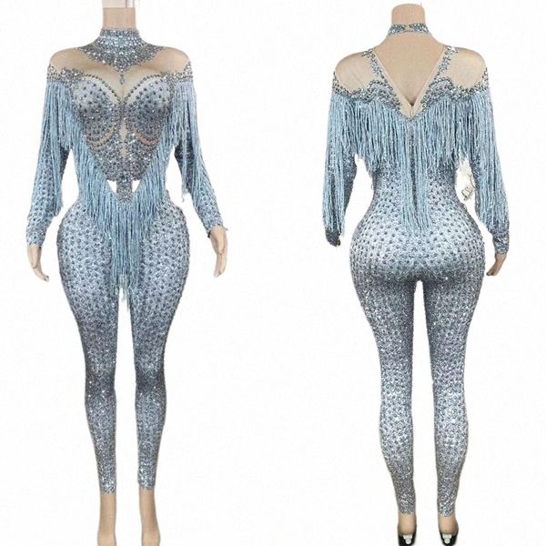 Plein Rhinestes Frangé Panneau Combinaison Barboteuses Femmes Gogo Costume De Danse Discothèque Rave Outfit Stage Performance Wear XS4749 Q6GG #