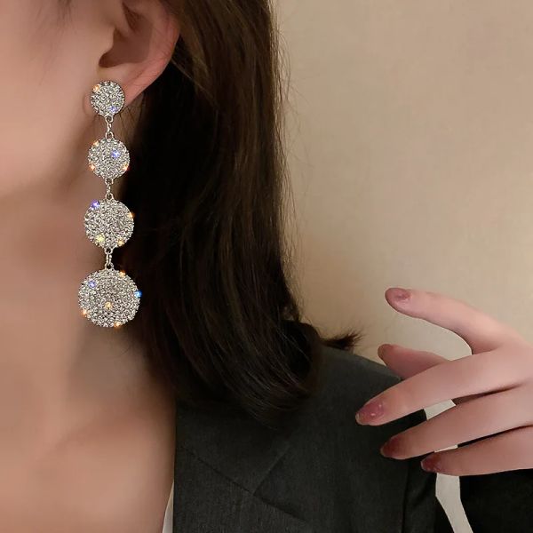 Boucles d'oreilles en or 14 carats avec strass complets, grandes boucles d'oreilles rondes en cristal exagérées pour femmes Penientes Mujer Boucle Oreille Femme 2024