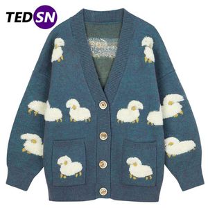 Full Sheep Pattern Harajuku Sweater Oversize Streetwear Losse Vest Cardigan Pullover Mannen Dames Hip Hop Gebreide Sweater Heren 210929