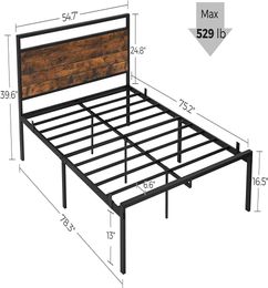 Marco de cama de metal de tamaño completo con cabecera sin caja para el resorte de la plataforma Almacenamiento de cama debajo de la cama estilo industrial 2301776