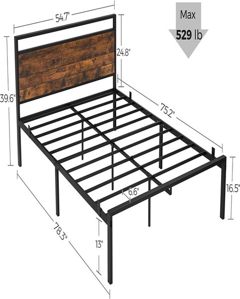 Marco de cama de metal de tamaño completo con cabecera, no necesita somier, plataforma, almacenamiento debajo de la cama, estilo industrial 4595216