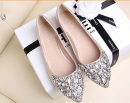 volledige grootte voorraad 2016 roze champagne trouwschoenen zilveren puntschoen kralen kristallen bruidsschoenen speciale schoenen prom meisjes flats BO3073