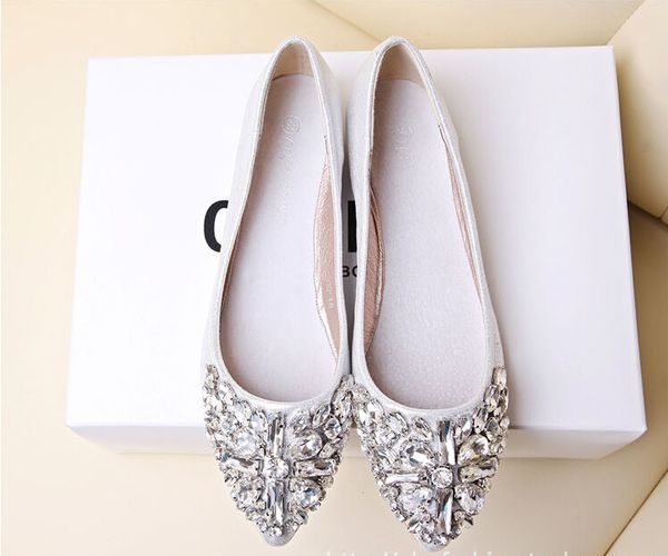 pleine taille Stock 2016 rose champagne chaussures de mariage argent bout pointu perles cristaux chaussures de mariée chaussures spéciales bal filles appartements BO278r