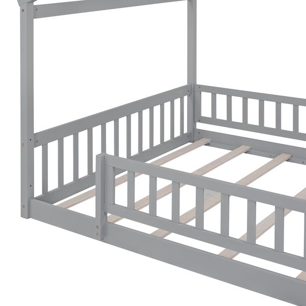 Cama de madera de tamaño completo, marco de cama de casa con cerca y techo, diseño de niños de diseño para niños, cama de casa simple para niños, adolescentes, niñas, niños