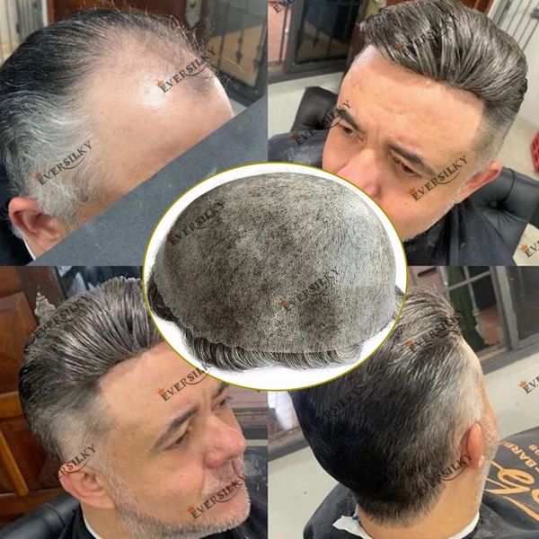 Cabello humano de piel completa, peluquín para hombres, cabello gris, venta al por mayor, línea de cabello precortada no detectada, piel duradera, prótesis de peluquín para hombres inyectados