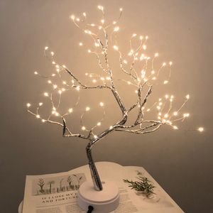 Full Sky Star Golden Leaf Willow Cherry Tree LED Night Light Mini Christmas Tree Copper Fil Garland Lamp Fairy Light For Home