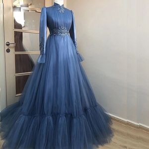 Volledige mouw Moslim Avondjurken Hoge Kraag Tule Middel Oost Kaftan Turky Formal Toga Kant Applicaties Plooit Prom Dress 2022