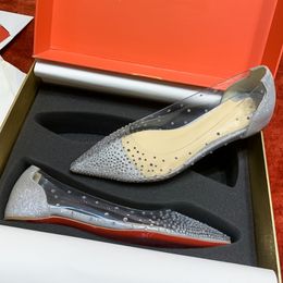 Volle ster strass transparant leren damesschoenen Zilver rode platte schoenen geavanceerde zin luxe nieuwe bruiloft schoenen comfortabele damesschoenen Maten 35-42 + doos