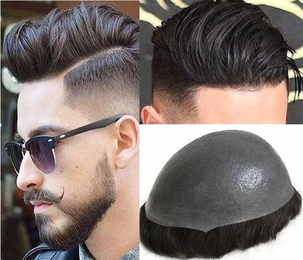 Full Thin Skin Toupee Silky Straight European Human Hair Pieces Off Black Color # 1b Mens Wig PU Unit for Men