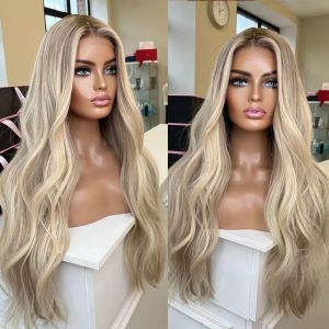 Volledige warme blonde highlights Human Hair Wigs HD onzichtbaar met natuurlijke wortels lichte golvende kant voorpruik synthetische voor vrouwen