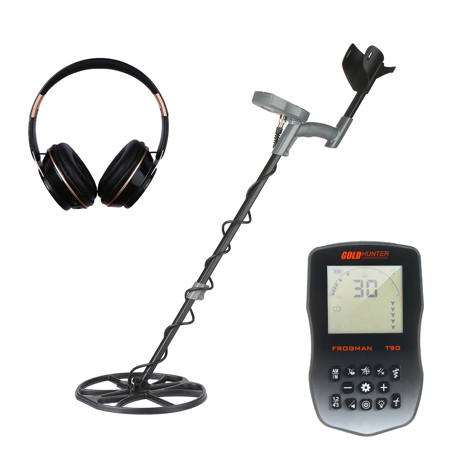 Free Shipping Full waterproof underground gold metal detector with wireless headphones and 12" Search Coil gold hunter T90