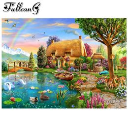 FULLCANG 5d diamant mazayka lakeside cottage diamant schilderij diy volledige vierkante ronde boor regenboog landschap foto FC1489351x