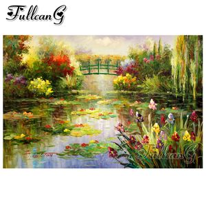 FULLCANG-pintura de diamante diy con taladro cuadrado/redondo, paisaje de estanque de loto de Claude Monet, mosaico 5d bordado, decoración del hogar FC725