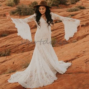 Robe de mariée sirène Fulllace 2024 avec manches longues évasées élégant automne robes de mariée de campagne rustique balayage train bohème hippies robe de mariée Robe De Mariee