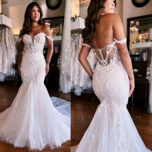 Fulllace Off Shoulder Mermaid Bride Illusion Ivory Bridal para mujeres negras Matrimonio Tulle Matrimonio Vestido de boda de playa de estilo simple D068 407