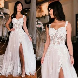 Spaghetti de robe de mariée Fulllace Bride Spaghetti Spaghetti Illusion Pouded Lace Tieled Tulle Sexy High Split Rangs Bridal Bridal pour le mariage D067 407