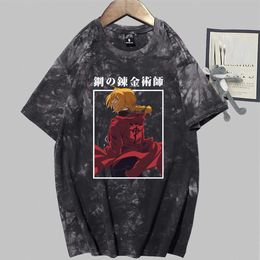 Fullmetal Alchemist Anime Korte Mouw O-hals Tie Dye Casual Losse Uniex T-shirt Y0809