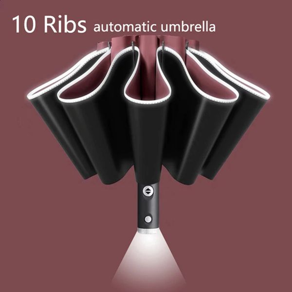 Parapluie UV entièrement automatique avec lampe de poche LED, grands parapluies inversés à rayures réfléchissantes pour la pluie et le soleil, isolation thermique, Parasol 240122
