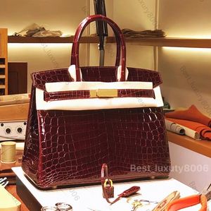 Volledig handgemaakte handtas Merk Designer Skew Bag Klassieke Luxe Clamshell Bag 25 30CM geïmporteerde krokodillenleer bijenwas draad genaaid 24K vergulde hardware